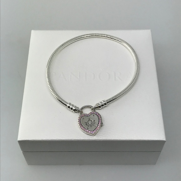 Pandora Pink Heart Padlock Clasp Snake Bracelet - Picture 2 of 4